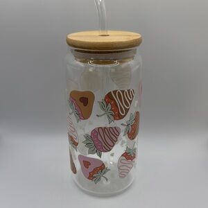 Strawberry Patterned Glass Tumbler with Bamboo Lid